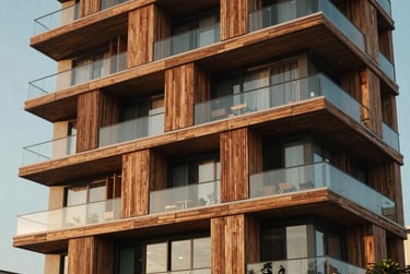 Façade contemporaine d'un immeuble résidentiel de standing à Cotonou, balcons en verre, finitions en bois précieux, lumière naturelle de fin de journée.