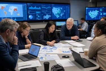 Data analysts in a modern command center review global logistics maps and digital dashboard analytics.