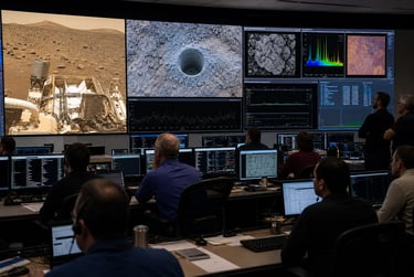 NASA scientists monitor Mars rover mission data and landscape images in a high-tech control center room.