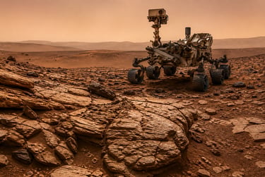 NASA Mars Curiosity rover exploring the rocky orange surface of the Red Planet under a dusty sky.