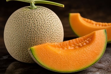 A whole ripe cantaloupe melon with fresh orange slices on a dark rustic surface.