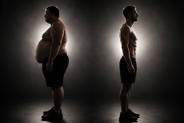 Before and after weight loss transformation of a man showcasing body fitness progress.