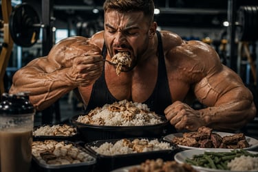 Muscular bodybuilder eating a high-protein meal of chicken and rice for muscle growth and fitness nutrition.