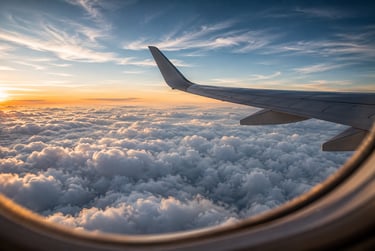 Aerial view from an airplane window showing a wing over fluffy white clouds during a golden sunset.