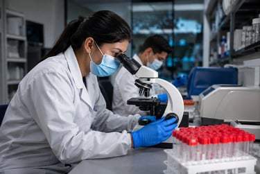 Female scientist in a face mask and lab coat using a microscope in a modern medical research laboratory.
