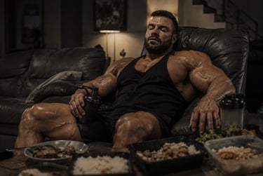 Muscular bodybuilder resting in a chair with post-workout meal prep containers and a protein shaker.