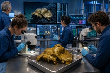 Scientists in a laboratory analyzing ancient artifacts using microscopes and digital data displays.
