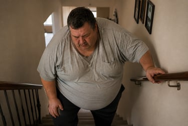Overweight man struggling to climb stairs while holding onto a handrail for support.