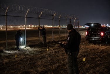 Law enforcement officers investigate a crime scene at night near an airport perimeter fence with evidence markers.