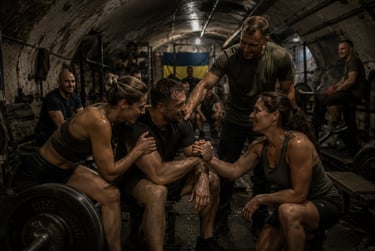 Athletes celebrate after a workout in an underground bunker gym with a Ukrainian flag.