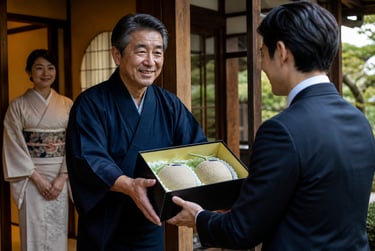 Smiling Japanese man in a navy kimono gifting a box of premium muskmelons to a businessman at a traditional home.