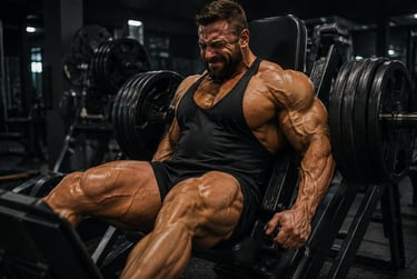Muscular bodybuilder performing heavy leg press exercises in a gym to build quad strength.