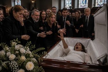 A shocked crowd reacts as a woman in a white dress wakes up and reaches out from an open casket during a funeral.