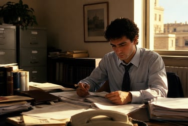 A businessman in a blue shirt reviews paperwork at a sunlit office desk with filing cabinets.