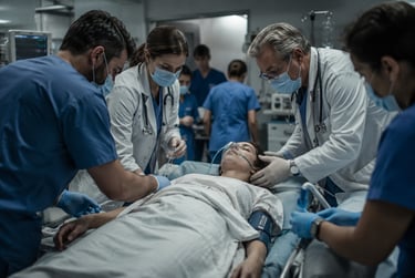 Emergency medical team providing urgent care to a patient wearing an oxygen mask in a hospital ER.