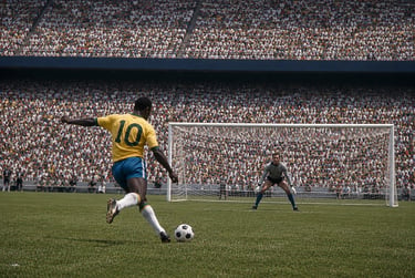 A soccer player in a Brazil jersey takes a penalty kick against a goalkeeper in a crowded stadium.