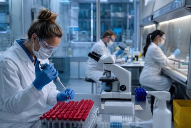 Female scientist in a medical laboratory using a pipette to test blood samples in vials.