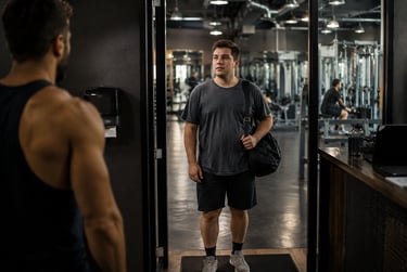 Young man with a gym bag entering a modern fitness center to start his workout routine.