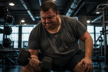 Sweating overweight man performing a heavy dumbbell bicep curl during a weight loss workout in a gym.