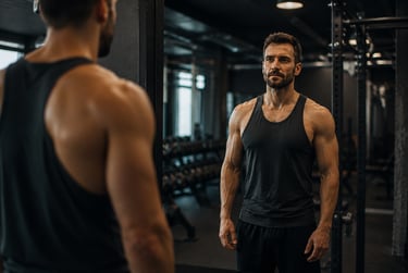 Muscular man in a black tank top looking in a gym mirror during a bodybuilding workout.