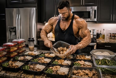 Muscular bodybuilder in a kitchen preparing healthy meal prep containers with chicken, rice, and green beans.