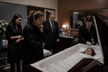 Grieving family standing by an open casket at a funeral service inside a funeral home.