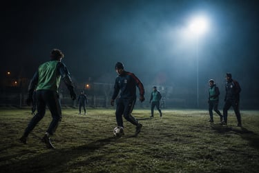 A group of football players in training gear practice soccer drills on a foggy field at night under bright stadium lights.
