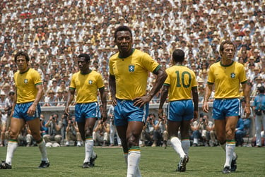 Pelé and Brazil national team players in yellow jerseys during a match in a crowded stadium.