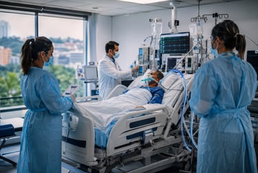 Medical team in blue scrubs monitoring a patient on life support in a hospital intensive care unit.