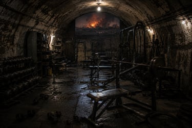 A gritty underground bomb shelter gym with weightlifting equipment and a view of a city on fire.
