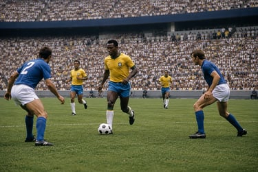 Pelé dribbling a soccer ball for Brazil against Italy in a crowded stadium match.