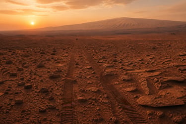 Mars rover tire tracks leading toward a sunset over the rocky red desert landscape of Gale Crater.