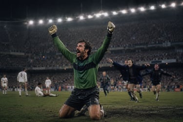 A soccer goalkeeper in a green jersey celebrates a victory on his knees in a packed stadium.