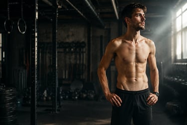 Shirtless muscular man with defined abs standing in a dark industrial gym during a fitness workout.