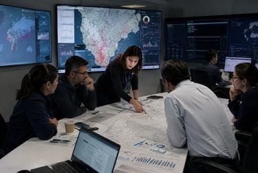 A team of data analysts reviewing geographic mapping and global logistics on digital displays in a command center.