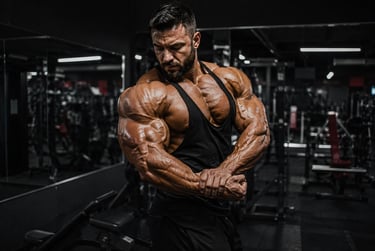 Muscular bodybuilder flexing biceps and chest muscles during a workout in a dark gym.