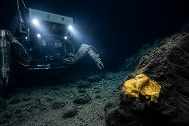 Underwater ROV robot exploring a golden specimen on the deep sea floor using robotic arms.