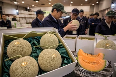 Luxury Japanese crown melons in gift boxes at a wholesale fruit market auction.
