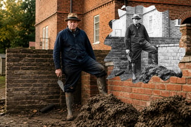 A modern bricklayer recreates a vintage historical photo of a man building a brick wall.