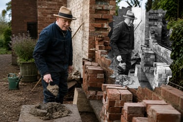 A man reenacting Winston Churchill bricklaying with a cigar and hat at Chartwell.