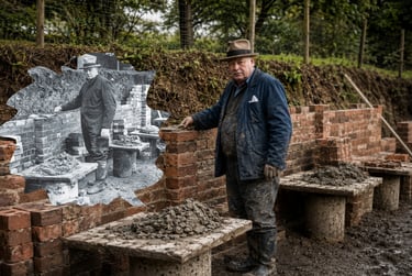 A modern man and a vintage photo of Winston Churchill laying bricks together at Chartwell.