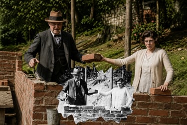 Winston Churchill and a woman laying bricks for a wall in a colorized historical reenactment.