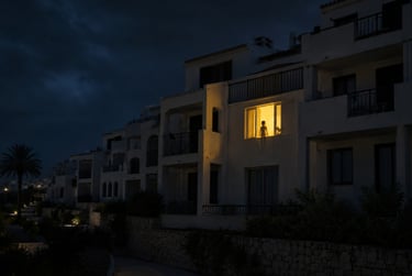 Silhouette of a person in a glowing apartment window at night in a white Mediterranean resort.