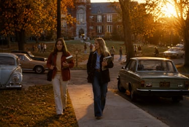 Two college students walk on a university campus at sunset near vintage cars and brick buildings.