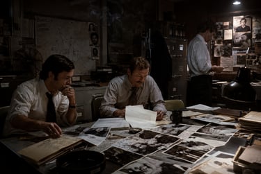 Detectives investigating crime scene photos and case files in a dimly lit 1970s police station office.