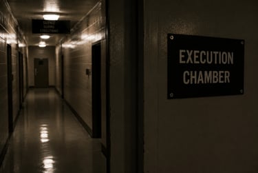 Dimly lit prison hallway leading to an execution chamber with a warning sign on the wall.