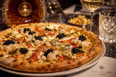 Luxury Louis XIII pizza topped with edible gold leaf, lobster, and caviar served with fine cognac.