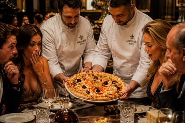 Two professional chefs serving a gourmet Louis XIII pizza topped with caviar to amazed guests in a fine dining restaurant.