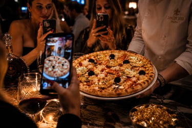 Luxury Louis XIII pizza topped with gold leaf, caviar, and lobster served at a high-end restaurant.
