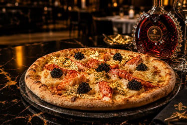 Luxury gourmet pizza topped with lobster tail, caviar, and edible gold leaf served with Louis XIII cognac.